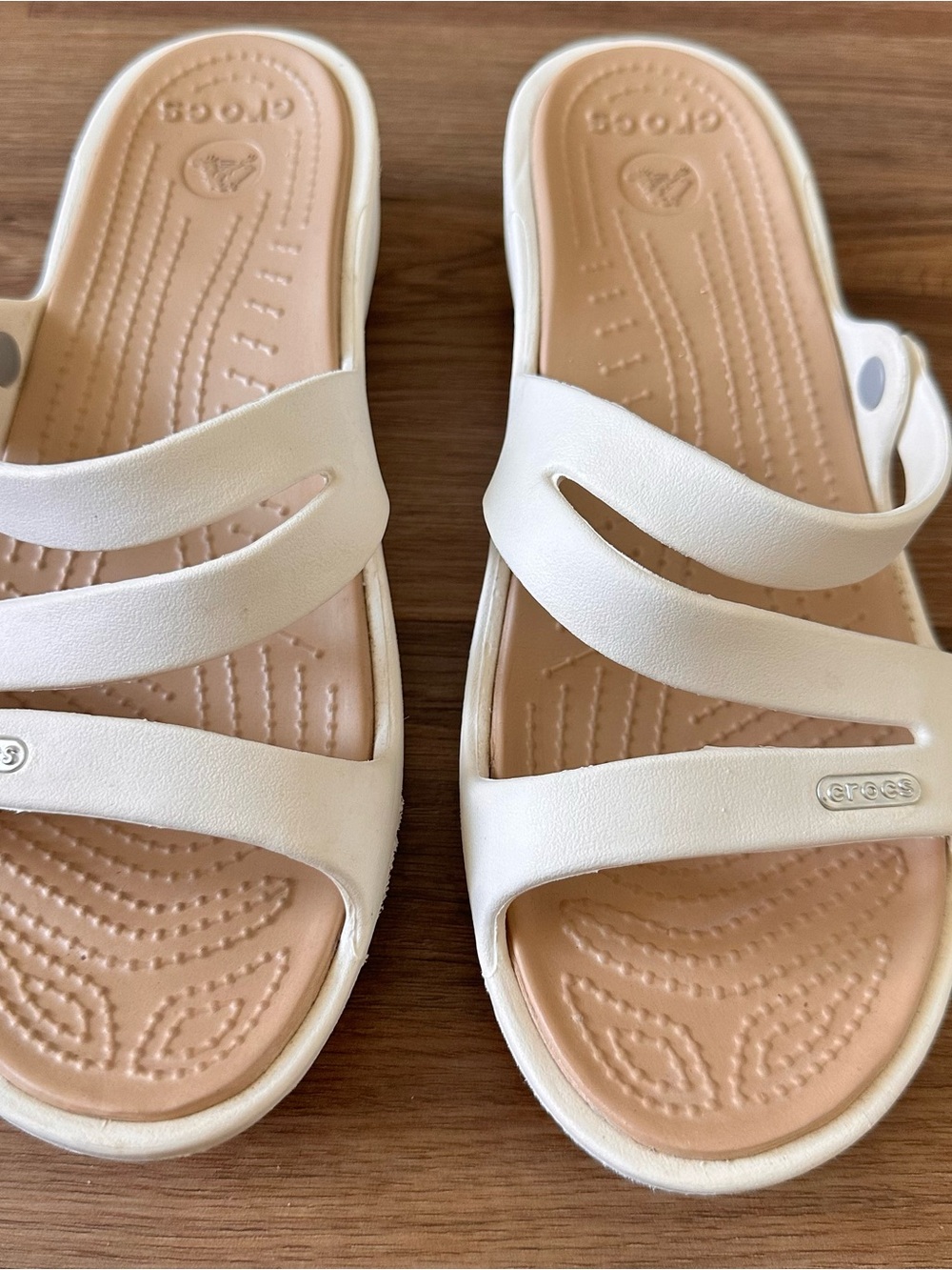 CROCS Women's Cream and Nude Dual-Strap Slide Sandals - Picture 2 of 9